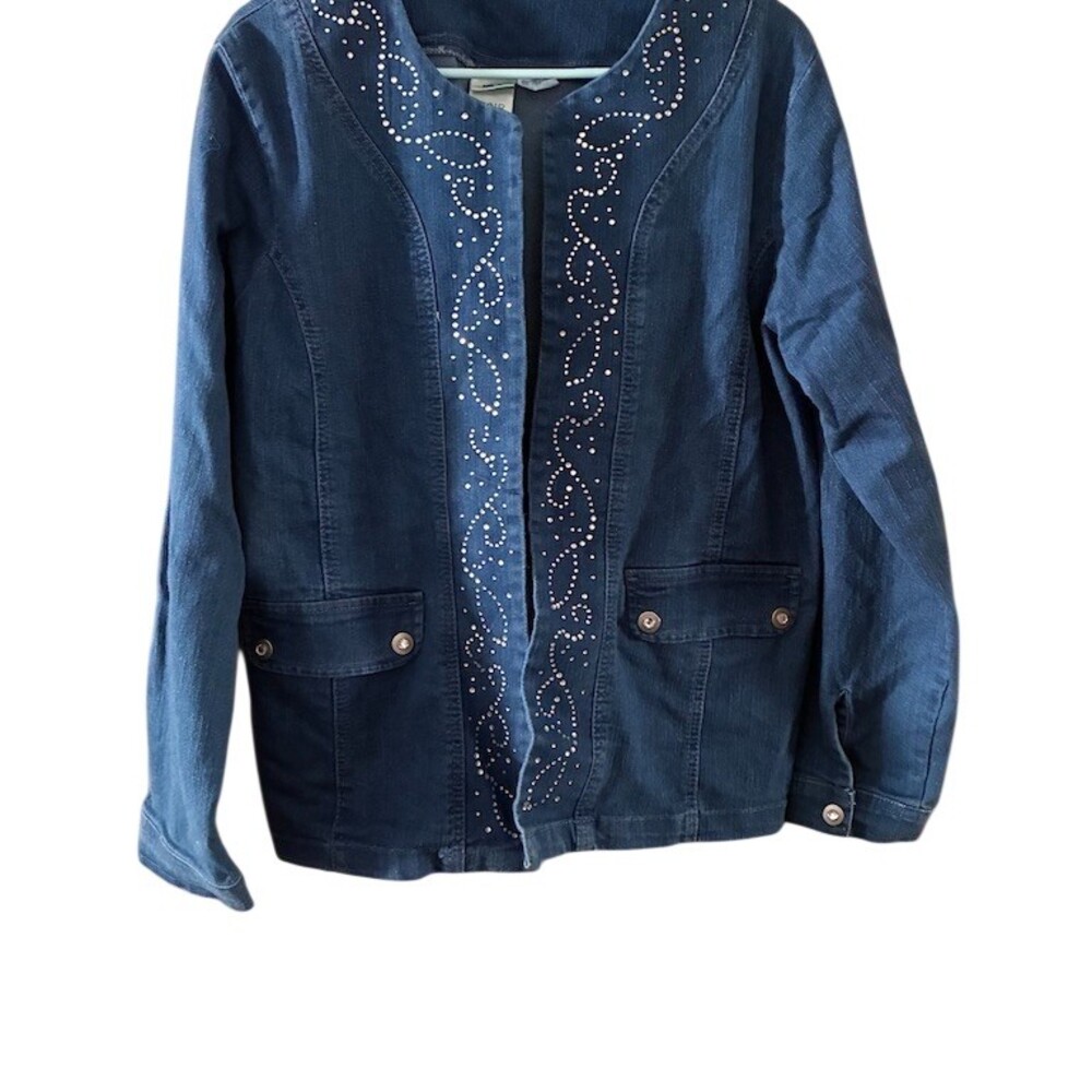Blair Denim Jacket Womens Size M Blue Studded Swirl Open Front Long Sleeve